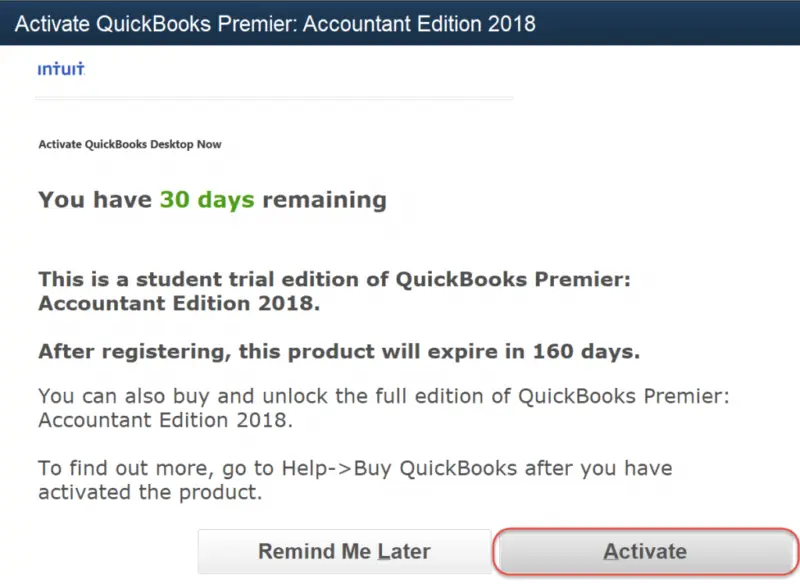 QuickBooks Desktop Trial Version Activation Window