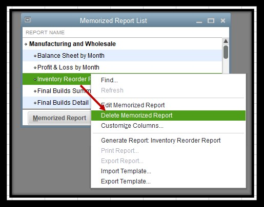 delete memorized report option