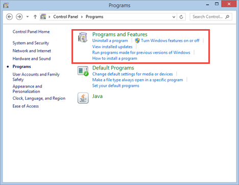 programs and features tab